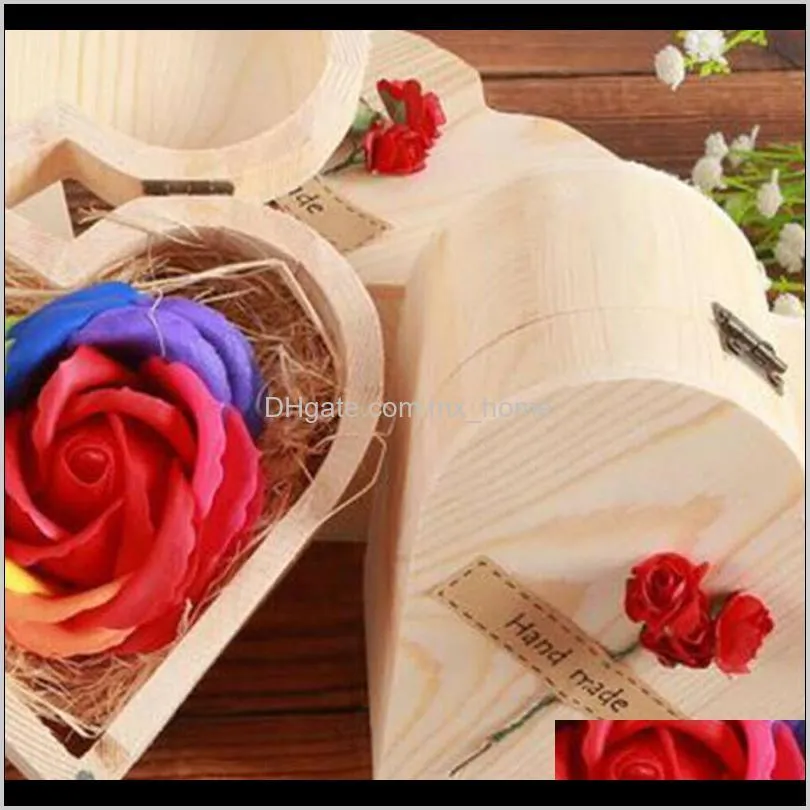 artificial rose soap flower rainbow color rose flower petal soap with wooden heart shape box valentine`s day gift