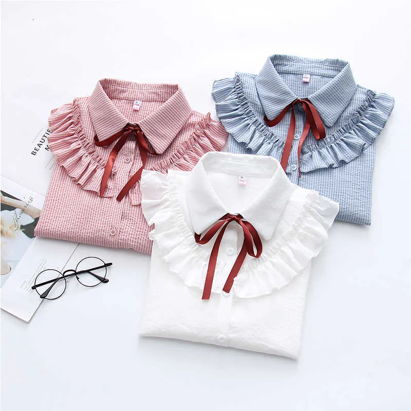 Z długim rękawem Loose Double Bawełniane przędzy Koszule Jesienią Kobiety Bluzka Literacka Ruffle Bow Solid Collar Collar Topy 210604