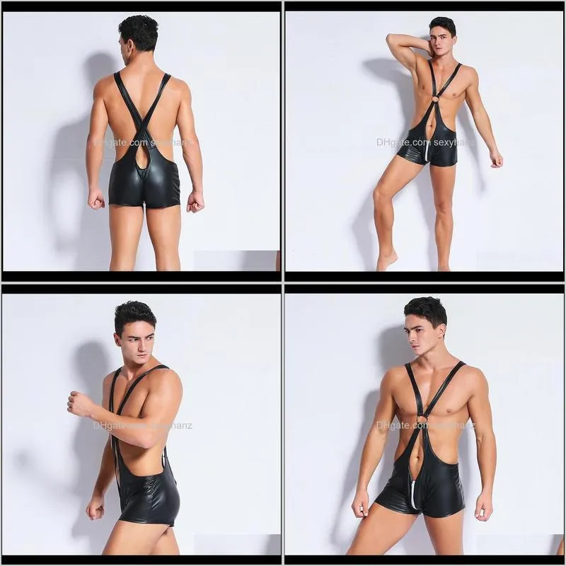 men`s sexy one-piece patent leather tight-fitting sling boxer briefs high-elastic imitation leather high-gloss zipper pu1