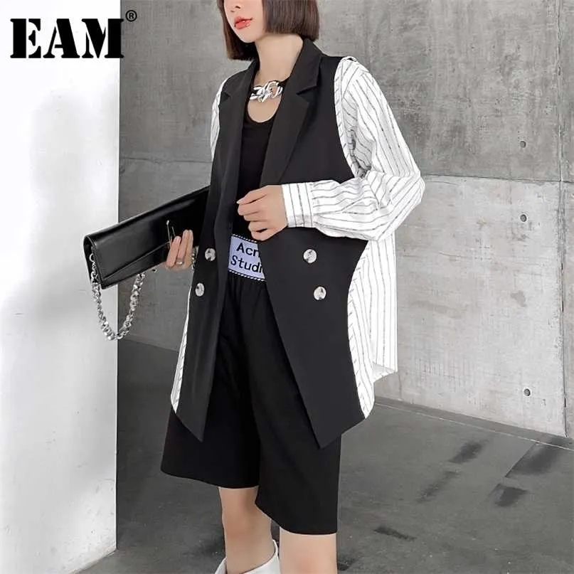 [EAM] Women White Contrast Color Big Size Blazer Lapel Long Sleeve Loose Fit Jacket Fashion Spring Autumn 1DE2182 211122
