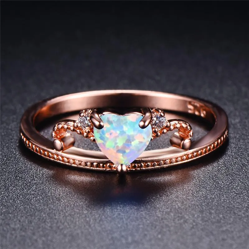 Wedding Rings Female Cute Heart Stone Crown Ring White Blue Purple Opal Engagement Rose Gold Color For Women Bridal Jewelry