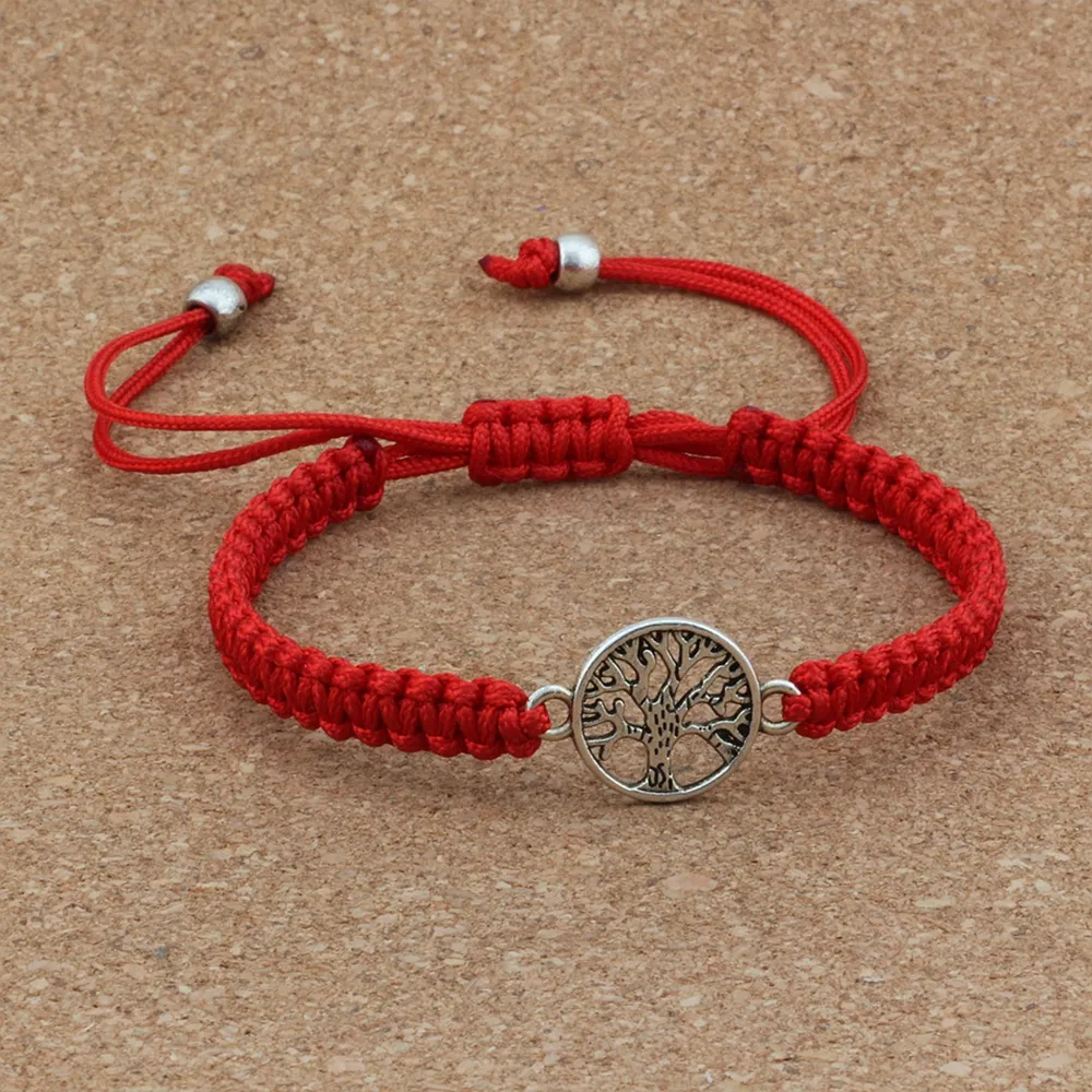 Bracelet à breloques arbre de vie en alliage, 10 pièces, ligne de nœud chinois rouge, pur tissé à la main, réglable