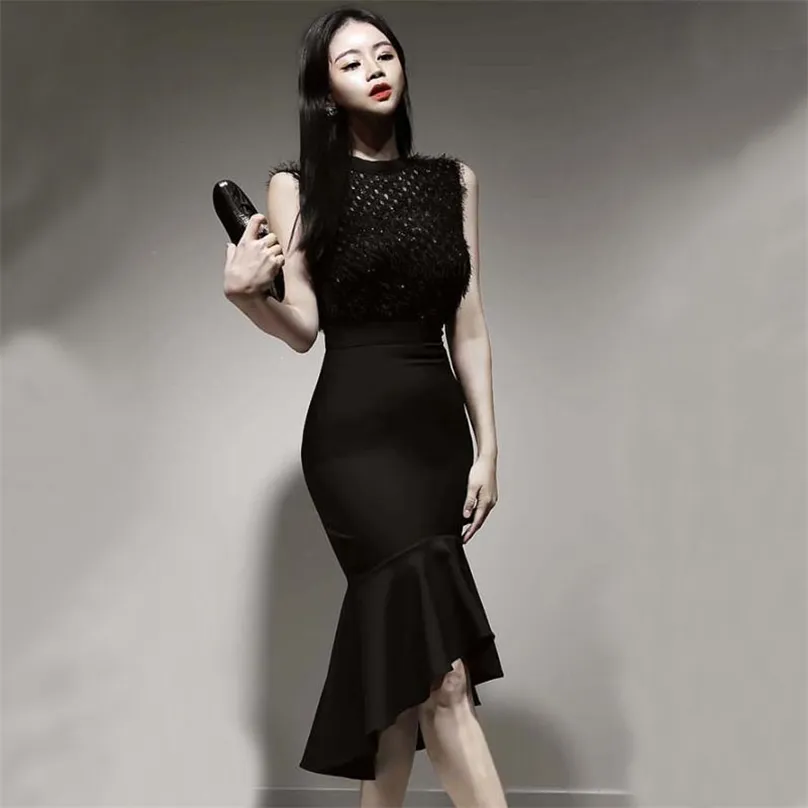 Wiosna i lato Koreański styl mody Elegancki cienki seksowny bez rękawów wydrążony fishtail spódnica biurowa dla kobiet sukienki 210602