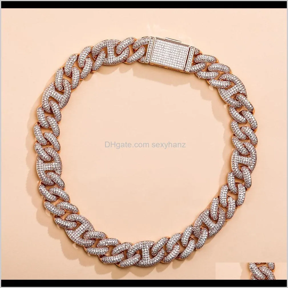 high quality 14mm wide  link chains for hip hop men and women rose gold with full diamond necklace