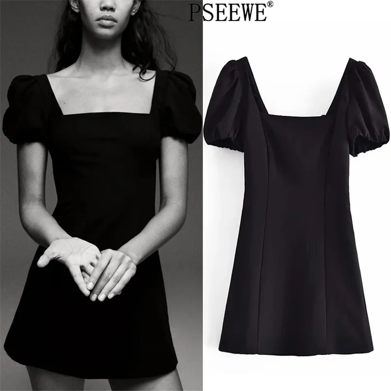 Летнее платье черное белье короткие ES женщин старинные французские квадратные шеи слойки рукав сексуальный ремешок мини 210519