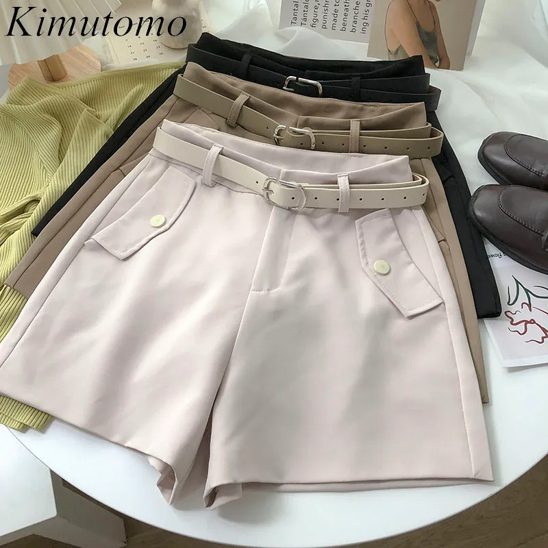 Kimutomo Fake Pocket Casual Shorts Kvinnor Vår Sommar Koreansk Retro Hög Midja Slim Solid Brett Ben Shorts Med Bälte Elegant 210521