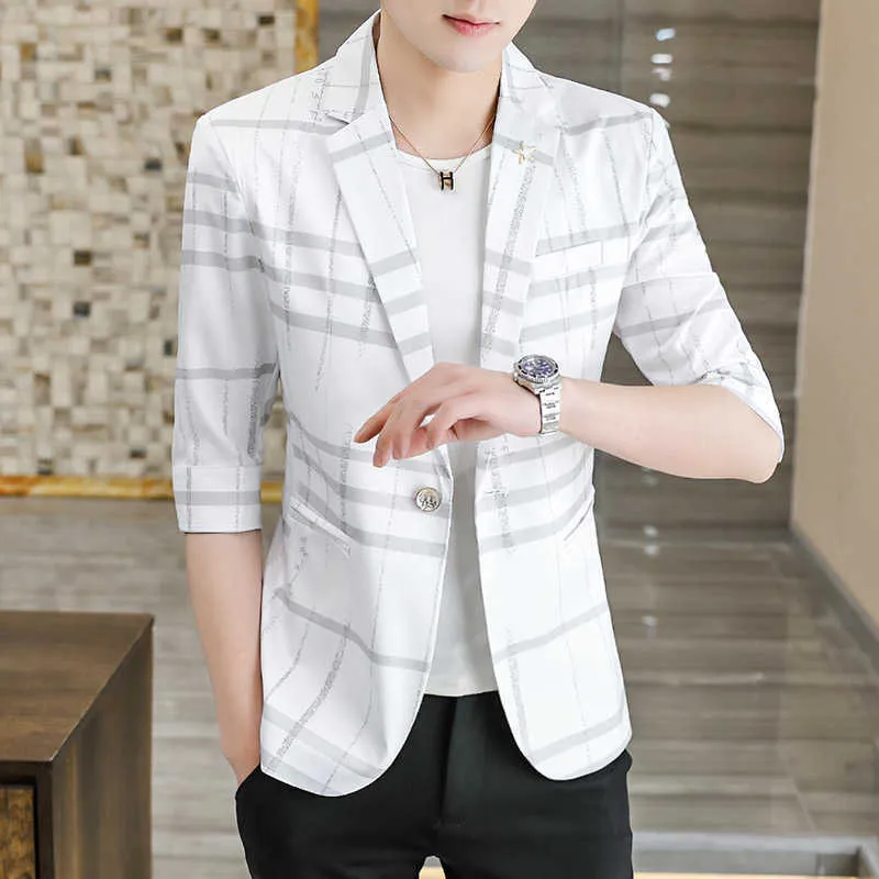Plaid Mens Casual Blazer: Slim Fit 3/4 Sleeve Suit Jacket
