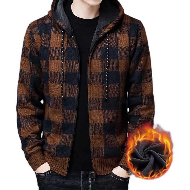 Zity herrtröja kappa höst vinter tjock varm hooded plaid tröja cardigan jumpers zipper fleece coat man kläder 211014