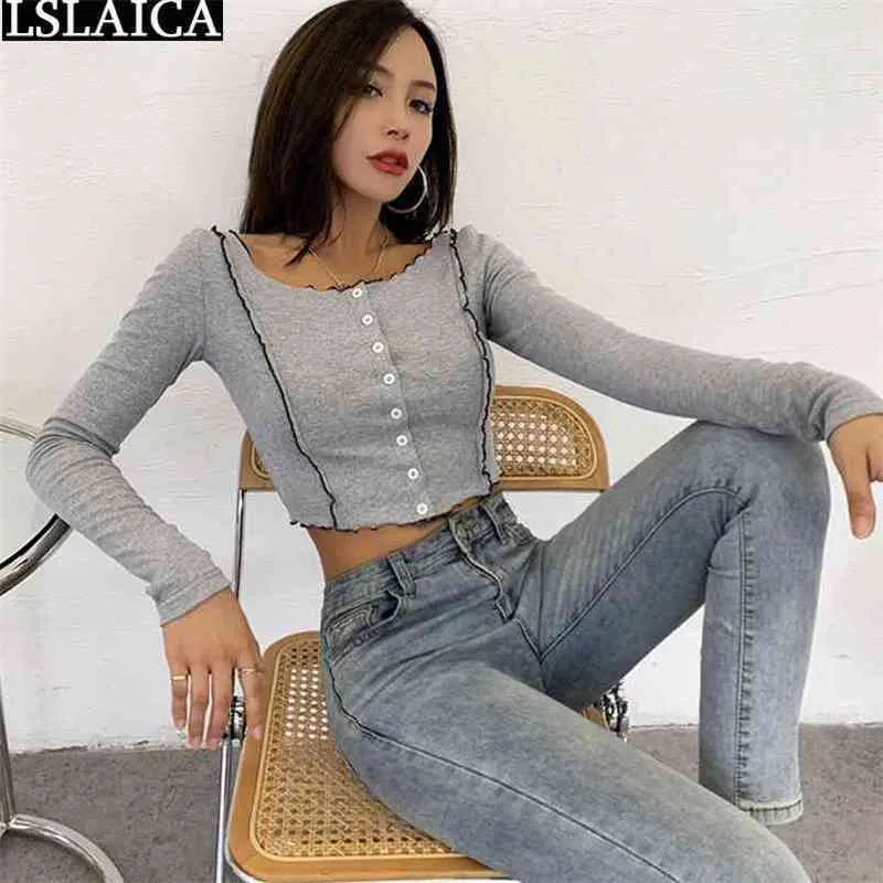 Otoño invierno manga larga top color sólido botón diseño punto fondo mujeres blusas streetwear pequeño estilo fresco camisa corta 210515