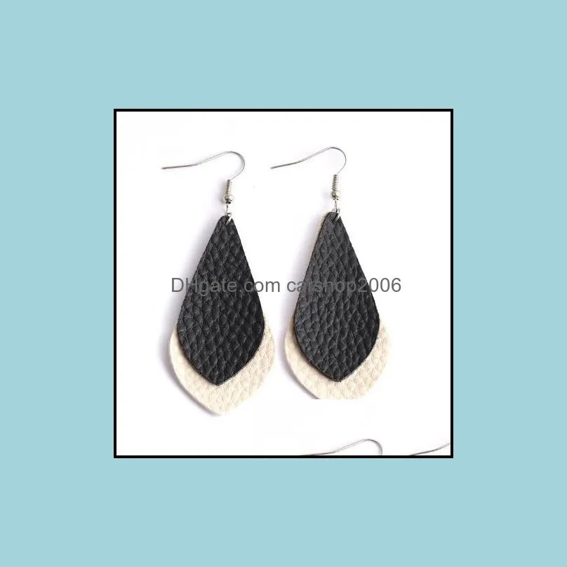 Trendy PU Leather Teardrop Earrings Girls & Ladies Fish Hook Double Layer Leather Drop Earrings