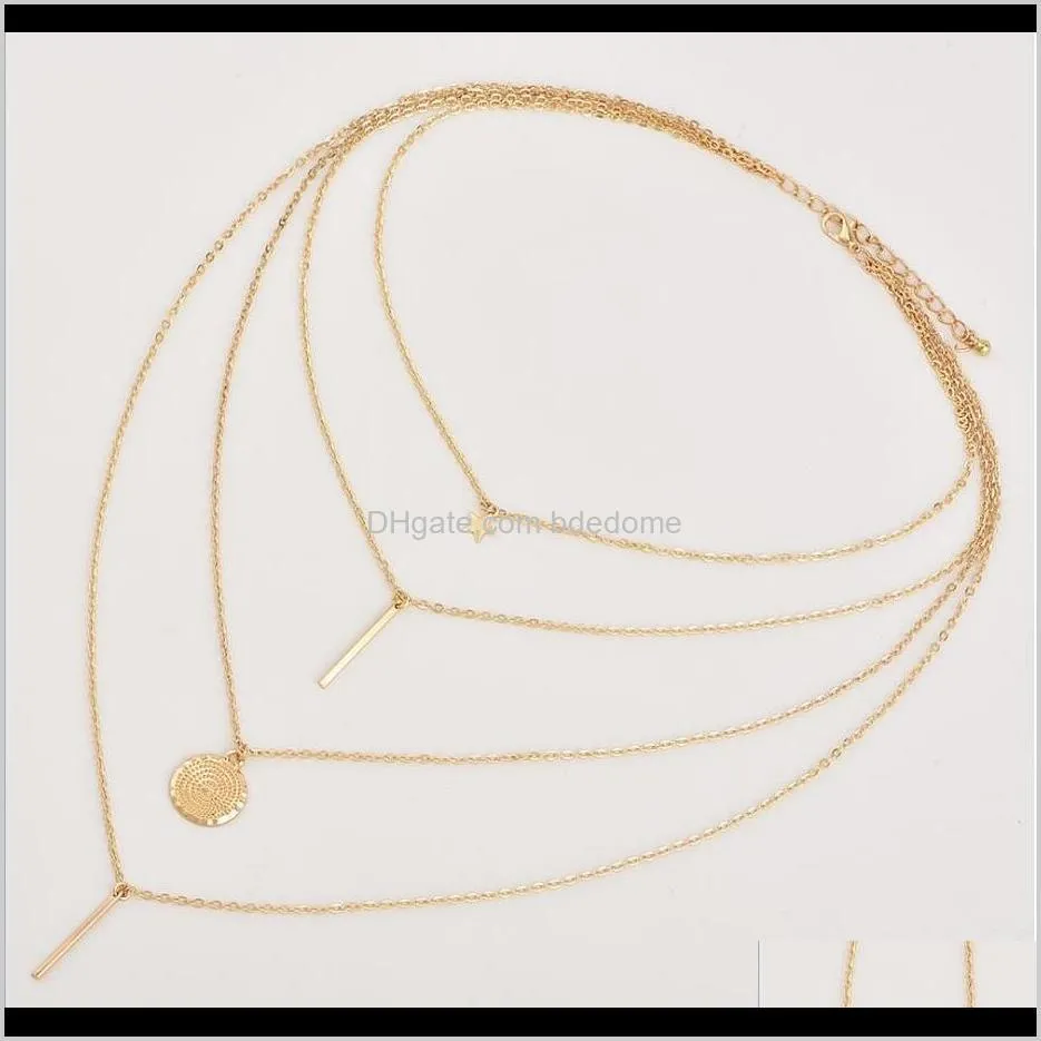 fashion necklace star bar disc pendant four layer necklace gold color plated metal chain woman necklace