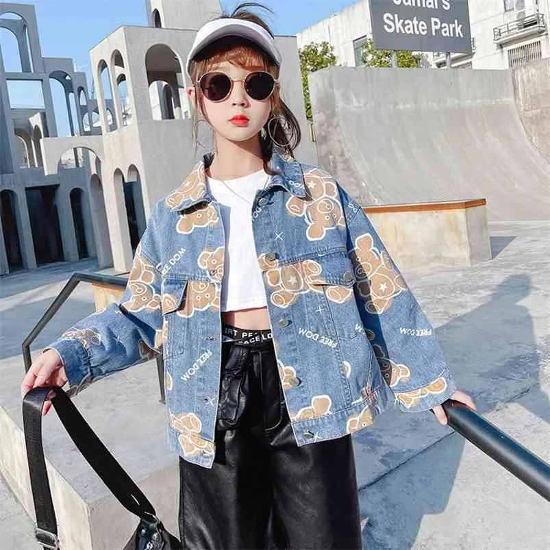 Spring Jeans Coat för barn Tjejer Lovely Cartoon Bear Print Denim Jackets Koreanska Höst Teenage School Toppar Kläder 8 till 12 210622