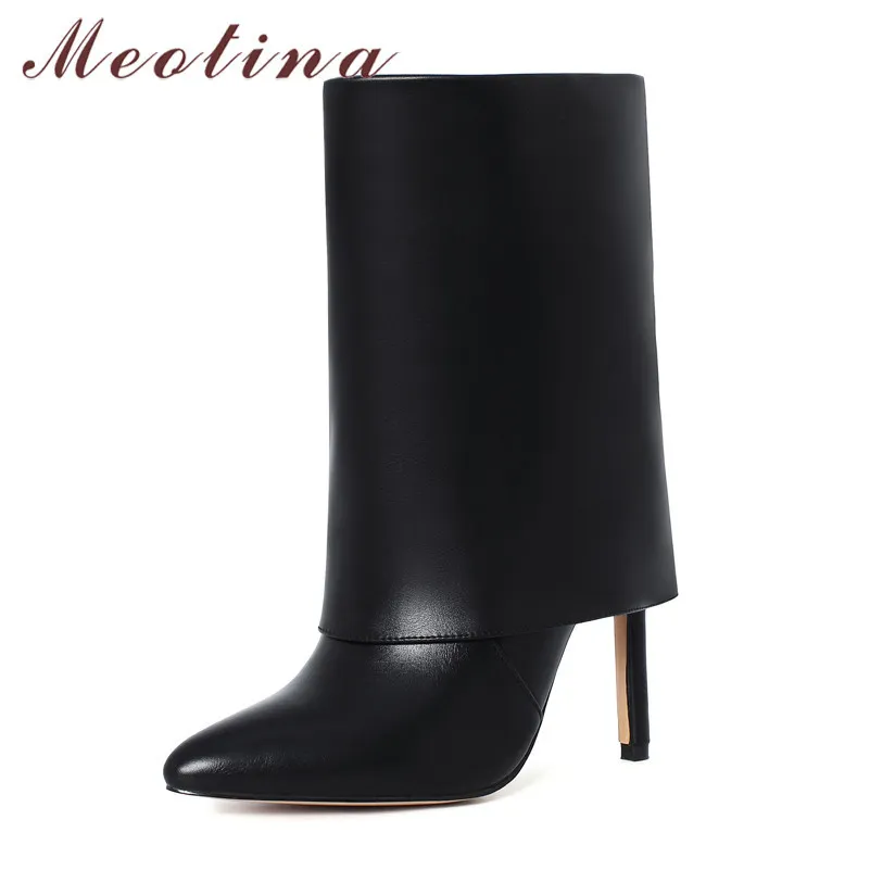 Meotina Mid Calf Boots Women Shoes Pointed Toe Stiletto Heels Fashion Boots Slip On Extreme High Heel Boots Female Winter Black 210520