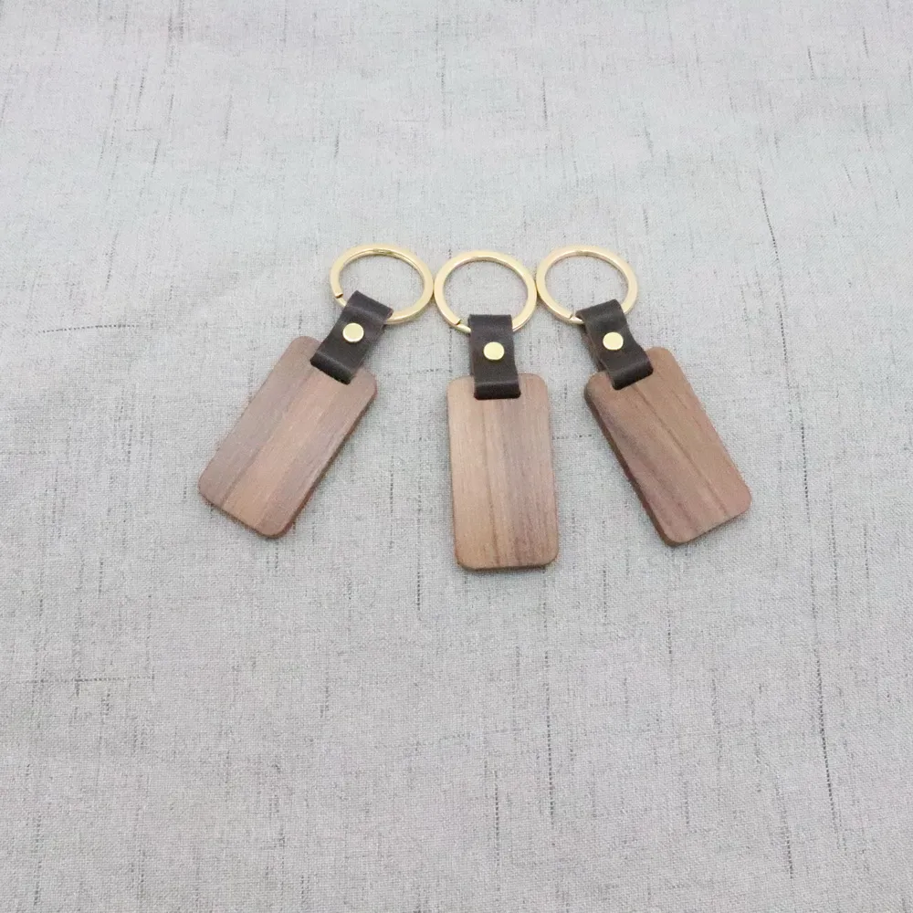 Porte-clés en bois de commerce extérieur personnalisé peut être imprimé pendentif porte-clés boucle en cuir carré