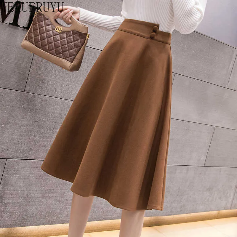 WERUERUYU Fashion Women Cotton Knee-Length Big Swing Umbrella Skirt High Waist Vintage Ladies Midi Skater Skirt 210608