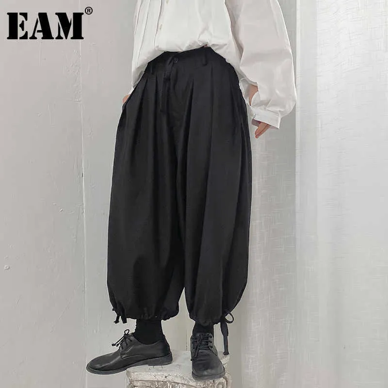 [EAM] High Elastic Waist Black Pleated Long Wide Leg Trousers New Loose Fit Pants Women Fashion Tide Spring Summer 2021 1DD8634 Q0801