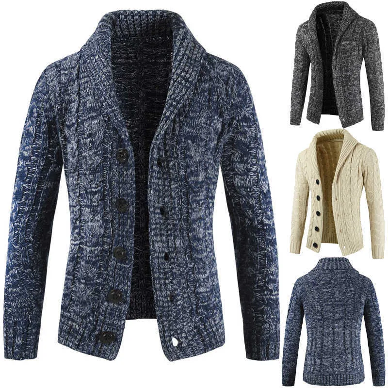 Män Cardigan Tröja 2021 Höst och Vinter Ny Mens Långärmad Sweater Lapel Cardigan Knapp Sticka Sweater Coat Tide Warm Y0907