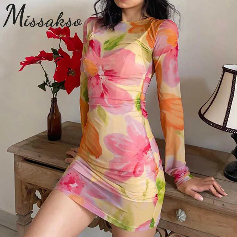 Missakso Floral Print 메쉬 드레스 스트리트웨어 클럽 y2k 봄 여름 섹시한 bodycon 긴 소매 미니 드레스 210625보기