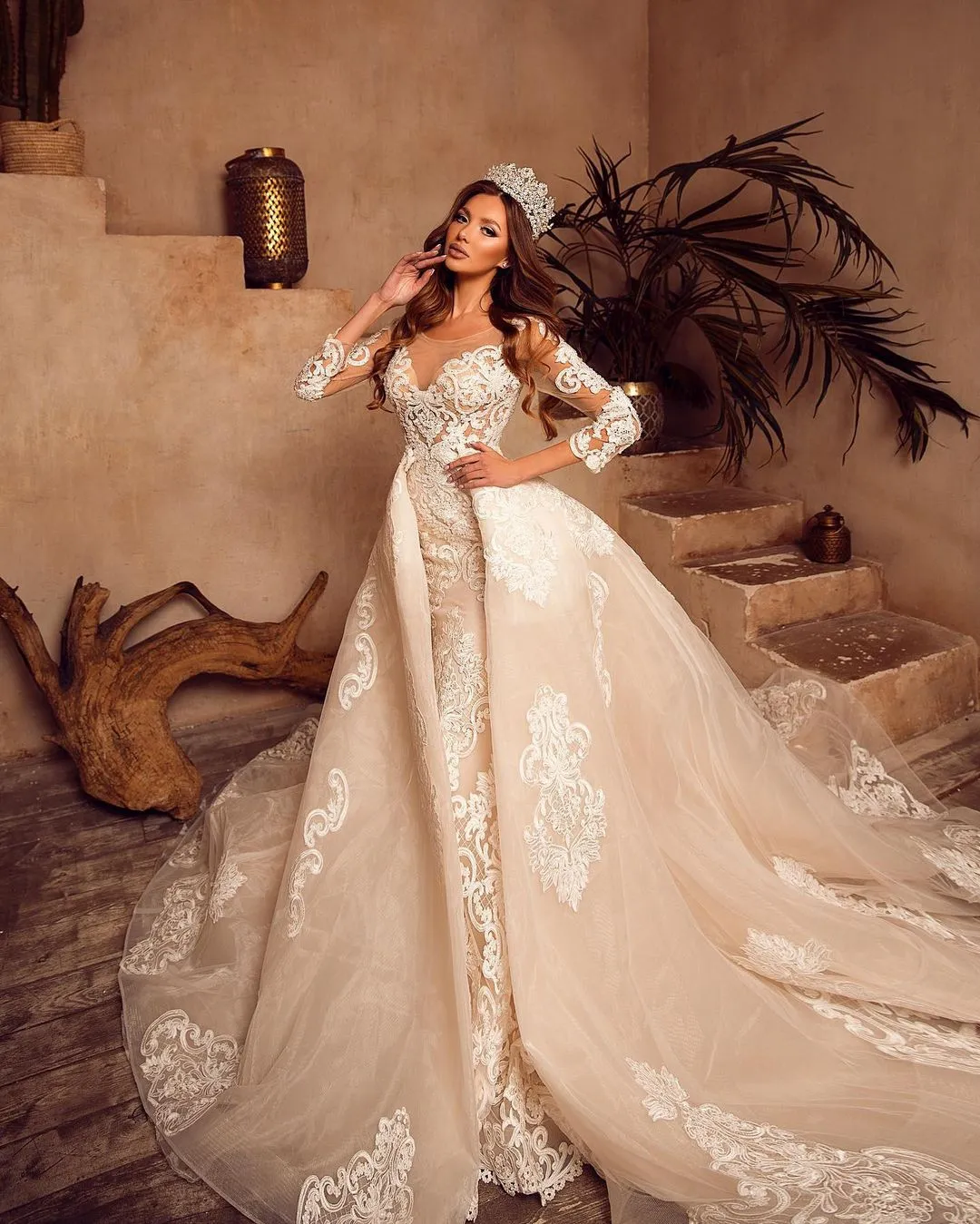 Vintage Detachable Train Wedding Dresses Bridal Gowns 2021 Long Sleeves Mermaid Lace Appliques Tulle Puffy Plus Size Vestidos De Novia