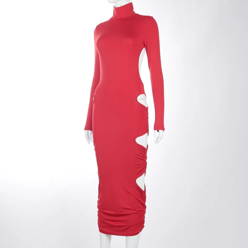 NewAsia Long Sleeve Dress Woman Turtleneck Cut Out Solid