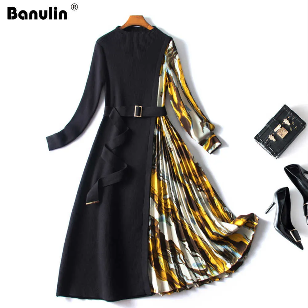 Banuline mode ontwerper herfst gebreide patchwork trui jurk vrouwen lange mouwen sjerpen splitsen bloemen print geplooide jurk Y0603