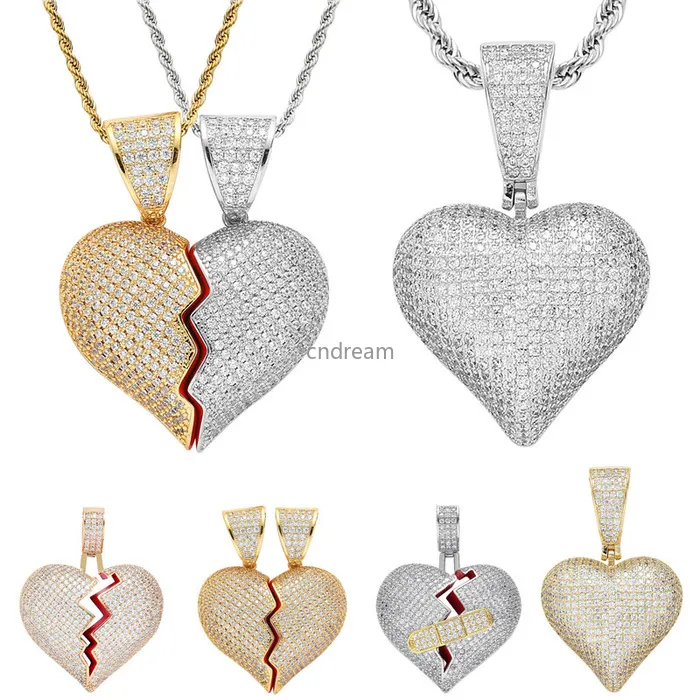 Hiphop koper kubiek zirkoon gebroken 18k gouden hart ketting sieraden set 60 cm ketens combinatie gewricht harten hanger diamant ijskettingen voor vrouwen mannen drop schip