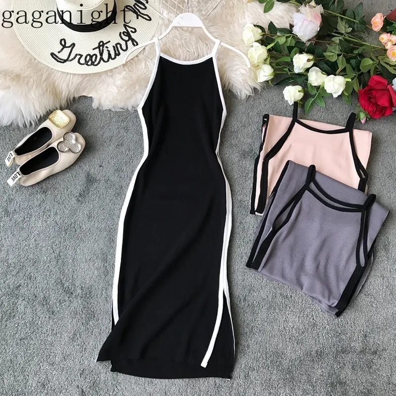 Gaganight Knitted Women Summer Dress Patchwork Color Sleeveless Elegant Maxi Dresses Female Solid Slim Bodycon Long Dress Party 210519