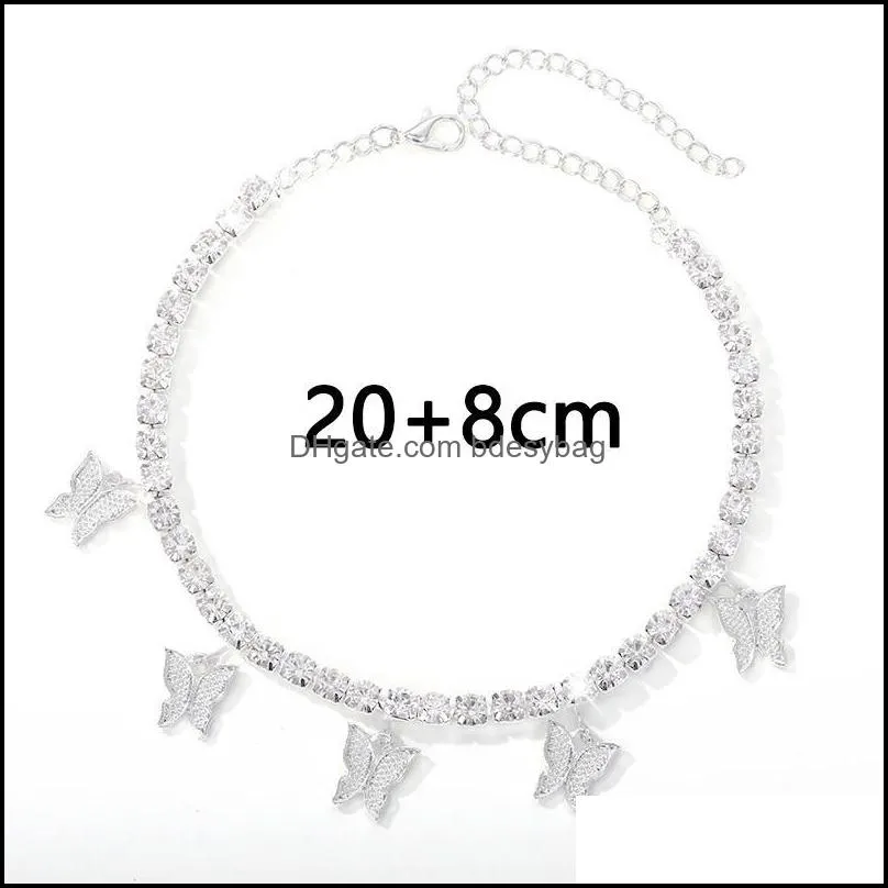 Iced Out Butterfly Tennis Anklet For Women Rhinestone Crystal Butterfly Beach Sandals Foot Chain Bracelet Jewelry