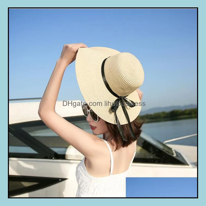 simple Foldable Wide Brim Floppy Girls Straw Hat Sun Hat Beach Women Summer Hat UV Protect Travel Cap Lady Cap Female C0305 Y0910