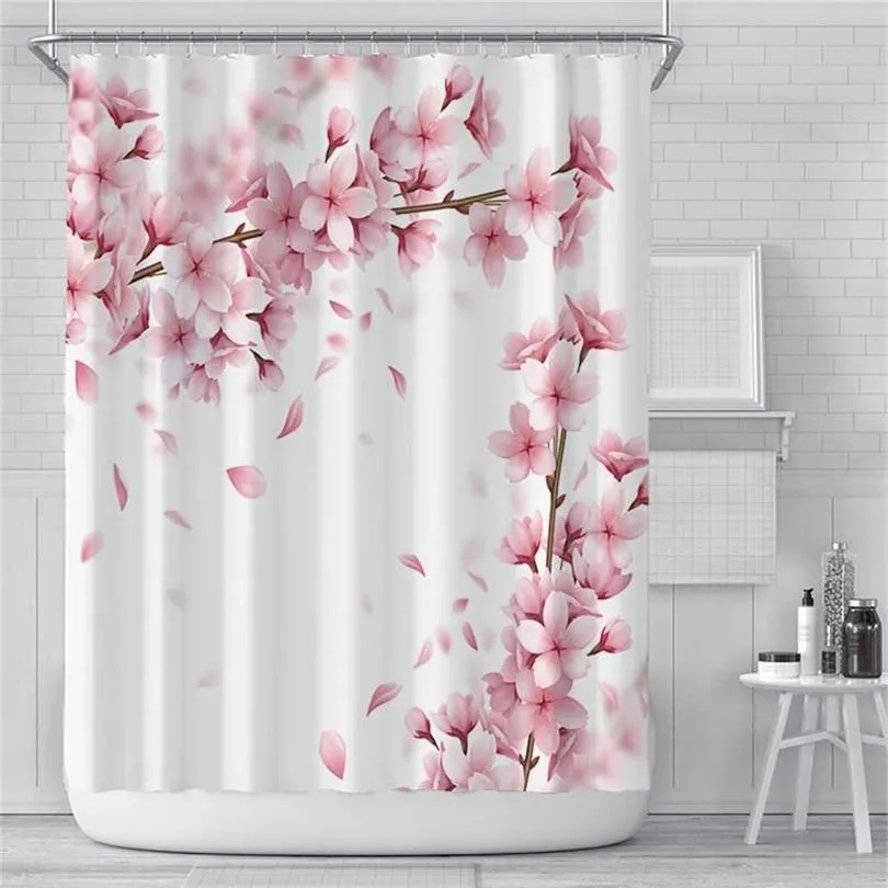 Tenda da doccia rosa fiori di ciliegio fiori di pesco sfondo bianco ragazza bagno schermo in tessuto poliestere impermeabile con set di ganci 211119