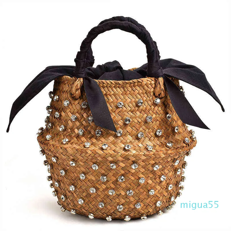 Fashion Bag Tote Handmade Embellished Straw Summer Holiday Beach with Pearl Ladies Woven Bucket Diamond Designer Handbags