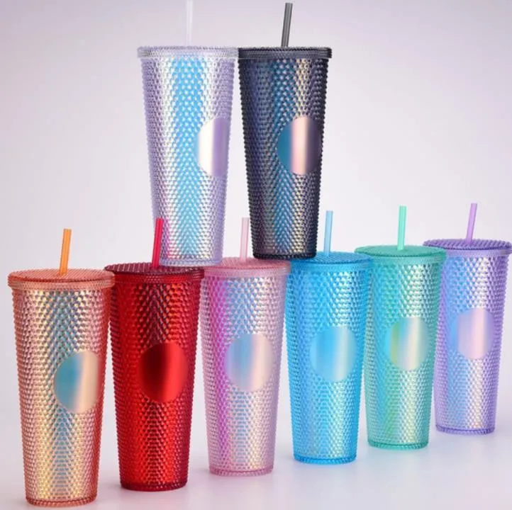 24oz Starbucks Rainbow Mugs Kaffeetasse mit Strohhalm, isolierter Plastikbecher