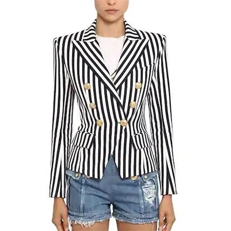 TOP QUALITY est Stylish Designer Blazer Jacket Women's Lion Buttons Double Breasted Classic Striped Print 211122