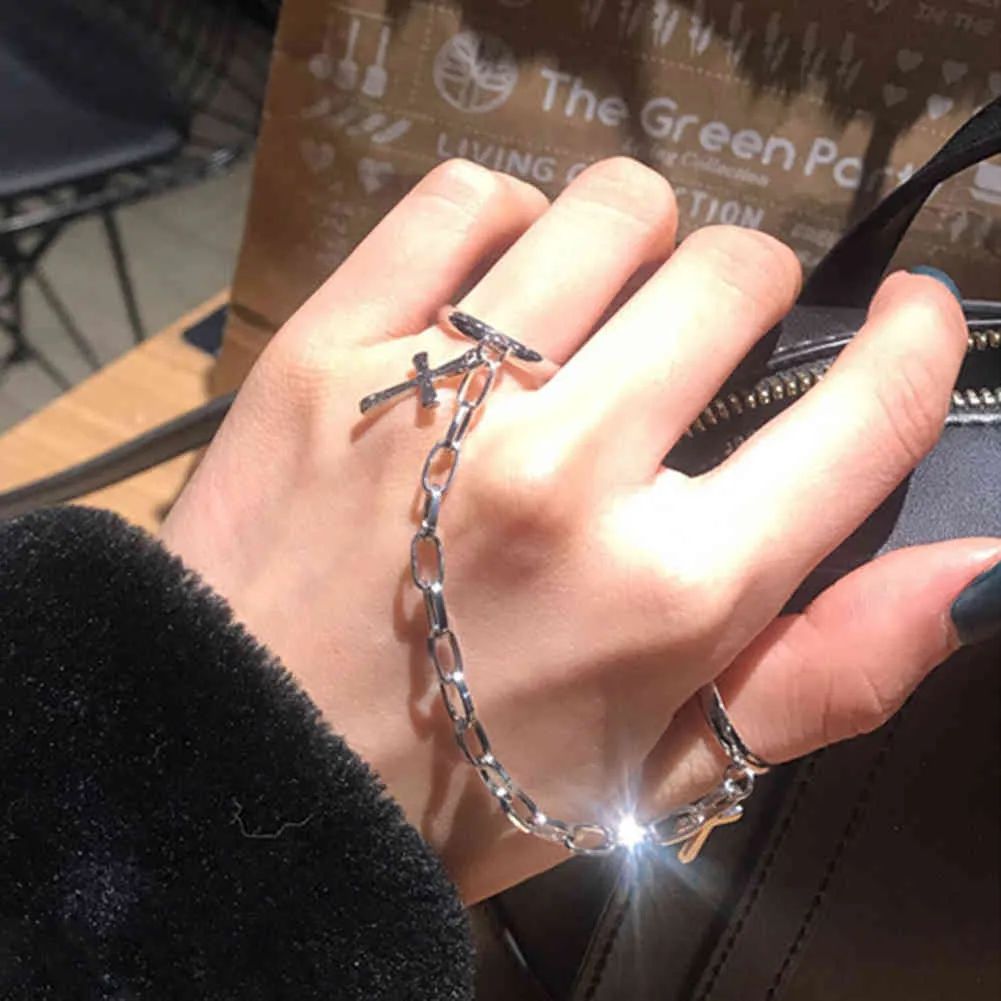 Zilveren Kleur Geplateerde Retro Punk Hip Hop Cross Ring Hand Vinger Ketting Verstelbare Ringen Sieraden Gift voor Mannen Dames Unisex Ring