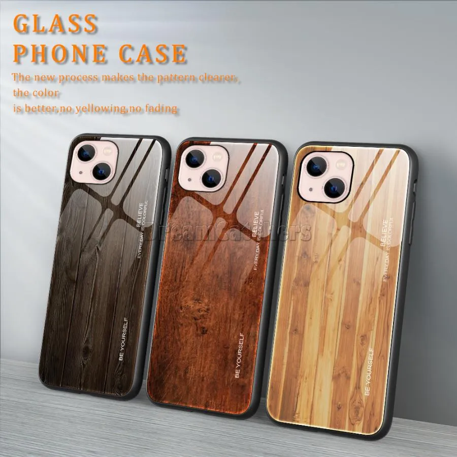 携帯電話ケースiPhone 13 12 11およびより多くのモデルのための木製穀物ガラス対ドロップ携帯電話のケース