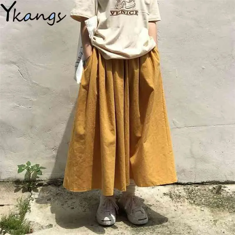 Lato Jesień Yellow Spirts Kobiet Midi Koreański Elegancka Wysoka Talia Długa Kobieta Purpurowa Harajuku Plised School 210421