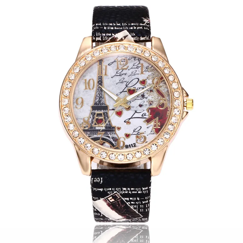 Whoesale Eiffel Tower Flowers Printing Rhinestone Leather Watches Women Ladies Students Dress Leisure Casual Wristwwatches Clock