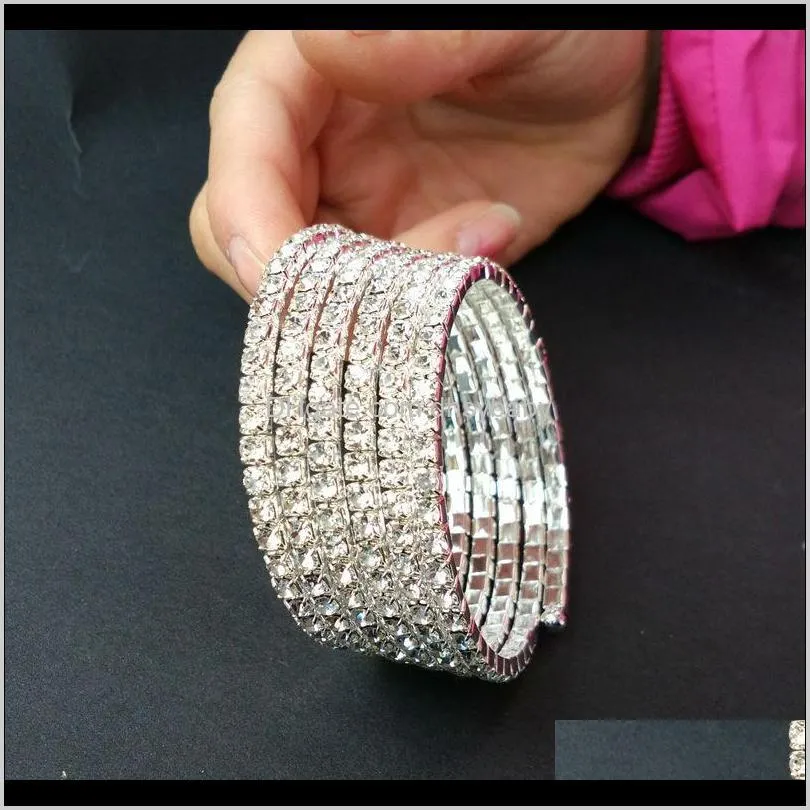 4 rows wedding bridal spiral rhinestone crystal stretch bangle bracelet silver plated and gold plated jewelry accessories for women