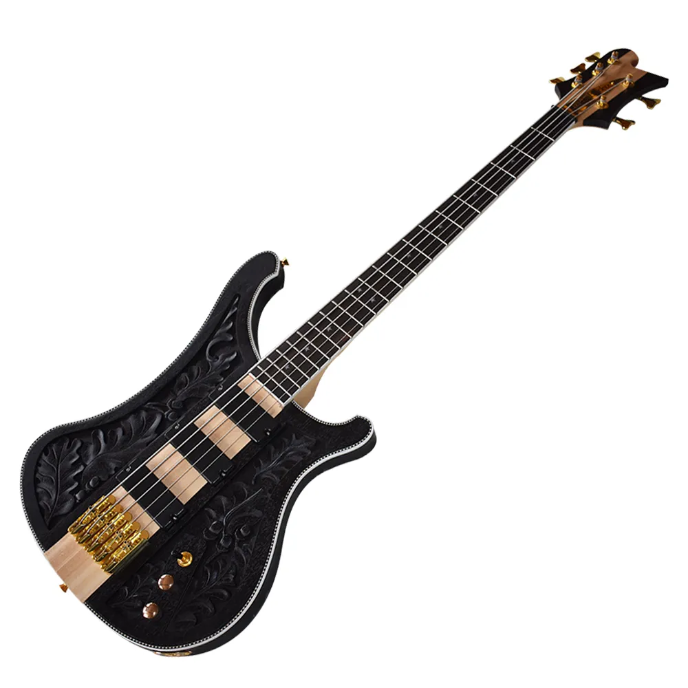 Factory Outlet-5 Strängar Neck-Thru-Body Electric Bass Guitar med NC Gravering Mönster, Rosewood Fingerboard