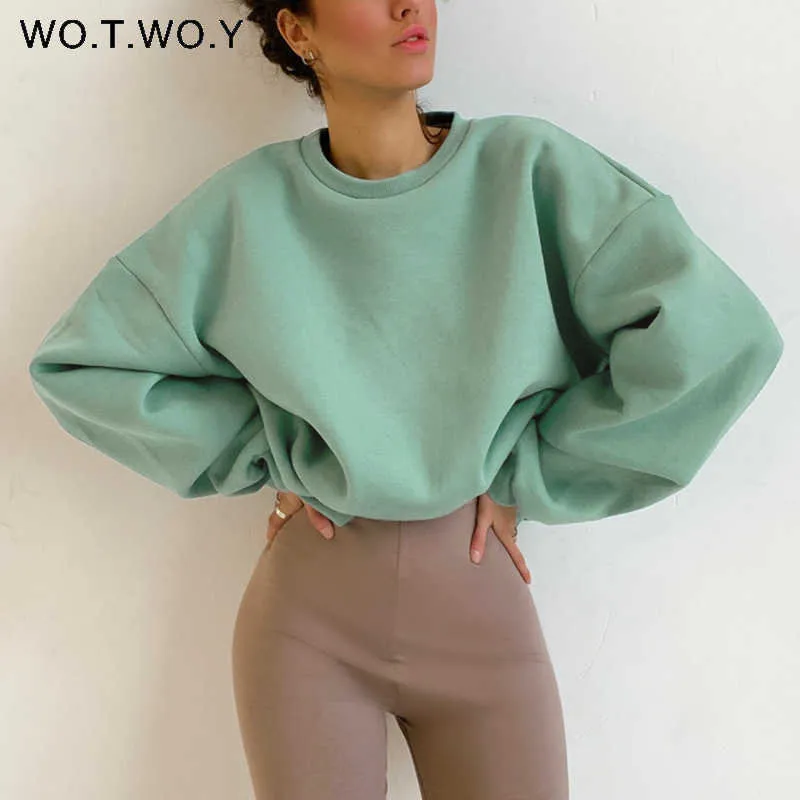 WOTWOY Autumn Winter Fur-Liner Oversized Sweatshirt Women Casual Thickening Fleece Pullovers Female Soft Warm Green Tops 210930