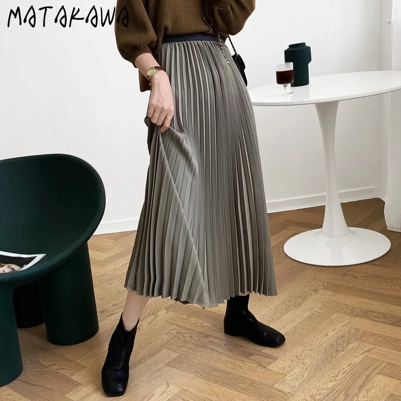 マタカワ原宿ルースと用途の広い女性のスカートファッションAラインスカート韓国風ハイウエストプリーツロングスカート210513