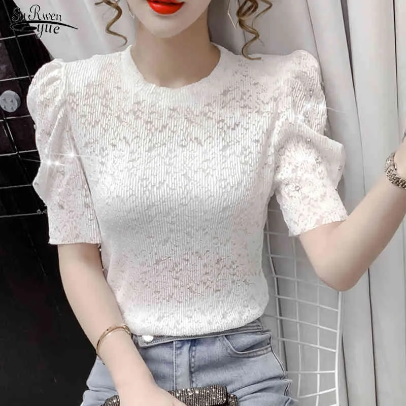 Summer Lace Kvinnors Blus Högkvalitativ Koreansk Kortärmad Mode Round Collar Shirt Floral Hollow Loose Toppar 14189 210521