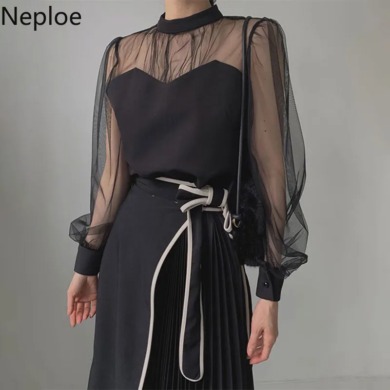 NEPLOE KOREAAN BLOUSE VROUWEN STAND HALG GAAG PATCHWORK PEWEL MOUWEN SHIRT LAD UP Geplooide jurken Elegante Tops Chic Clothes 4h124 210422