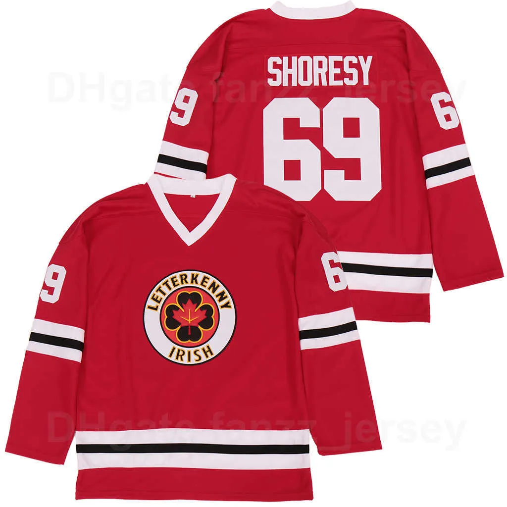 Serie de hombres Irlandés Letterkenny College 69 Shores Hockey Jersey Ice Movie Team Color Away Red All Stitched University Transpirable Algodón puro Calidad superior En oferta