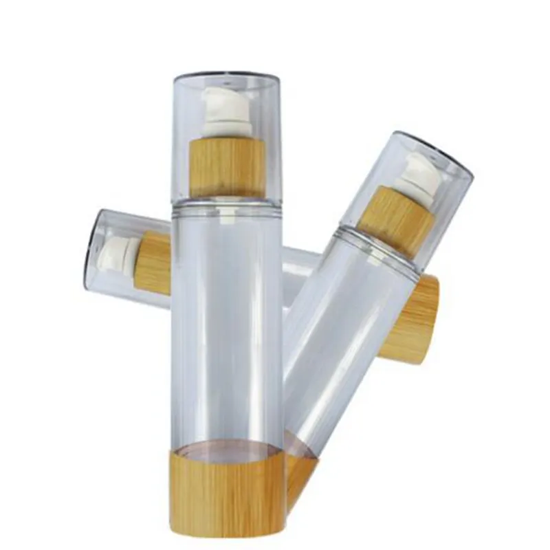 20ml 30ml 50ml 80ml 100ml 120ml garrafas de bambu esvaziamento plástico cosmético amostriz recipientes de emulsão loção de vácuo airless garrafas de bomba 100 pcs / set