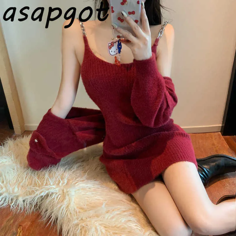 Sexy ketting spaghetti riem gebreide jurk korte single breasted knit vest hooded trui jas mode retro chic Koreaans 210610