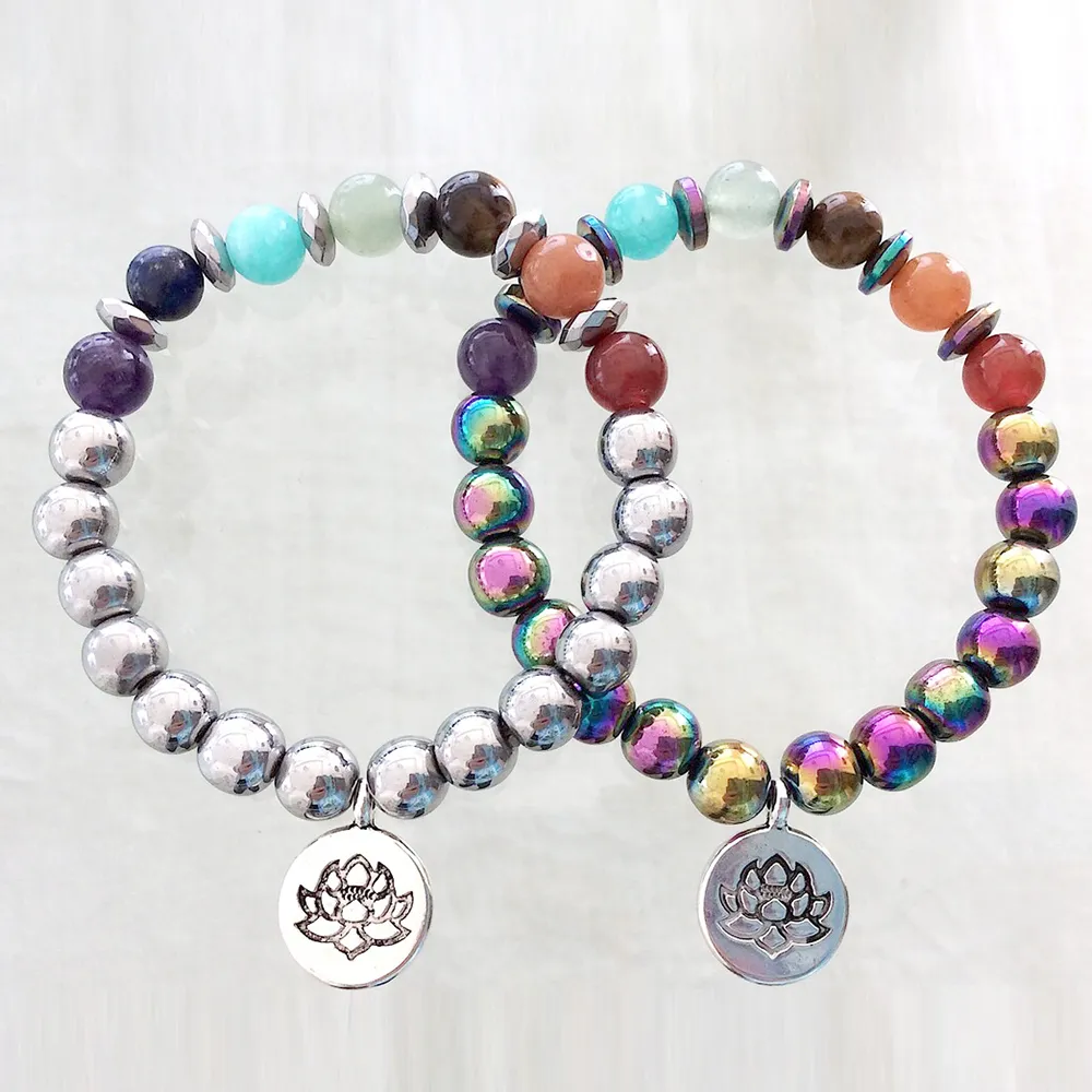 MG1320 Naturel Hématite Sept Chakra Perle Stretch Bracelet Lotus Cristaux De Guérison Yoga Mala Bracelet Spirituel Guérison Bijoux