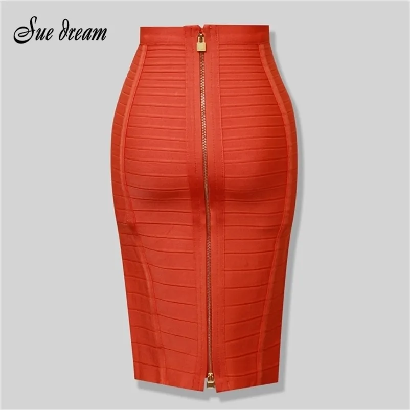 Högkvalitativ Kvinnors Sexig Svart Röd Blå Orange Zipper Rayon Bandage Skirt Bodycon Club Party Pencil 210621