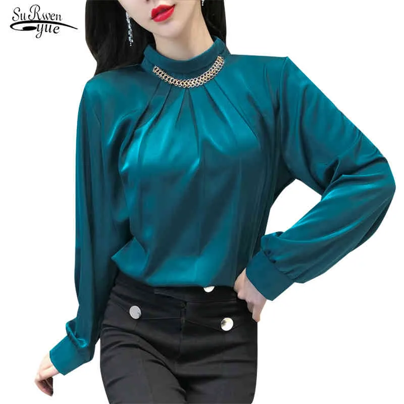 Solide Chiffon-Bluse Frauen Büro Dame Stehkragen Shirts Langarm Elegante Plus Größe Weibliche Tops Blusas 13027 210508