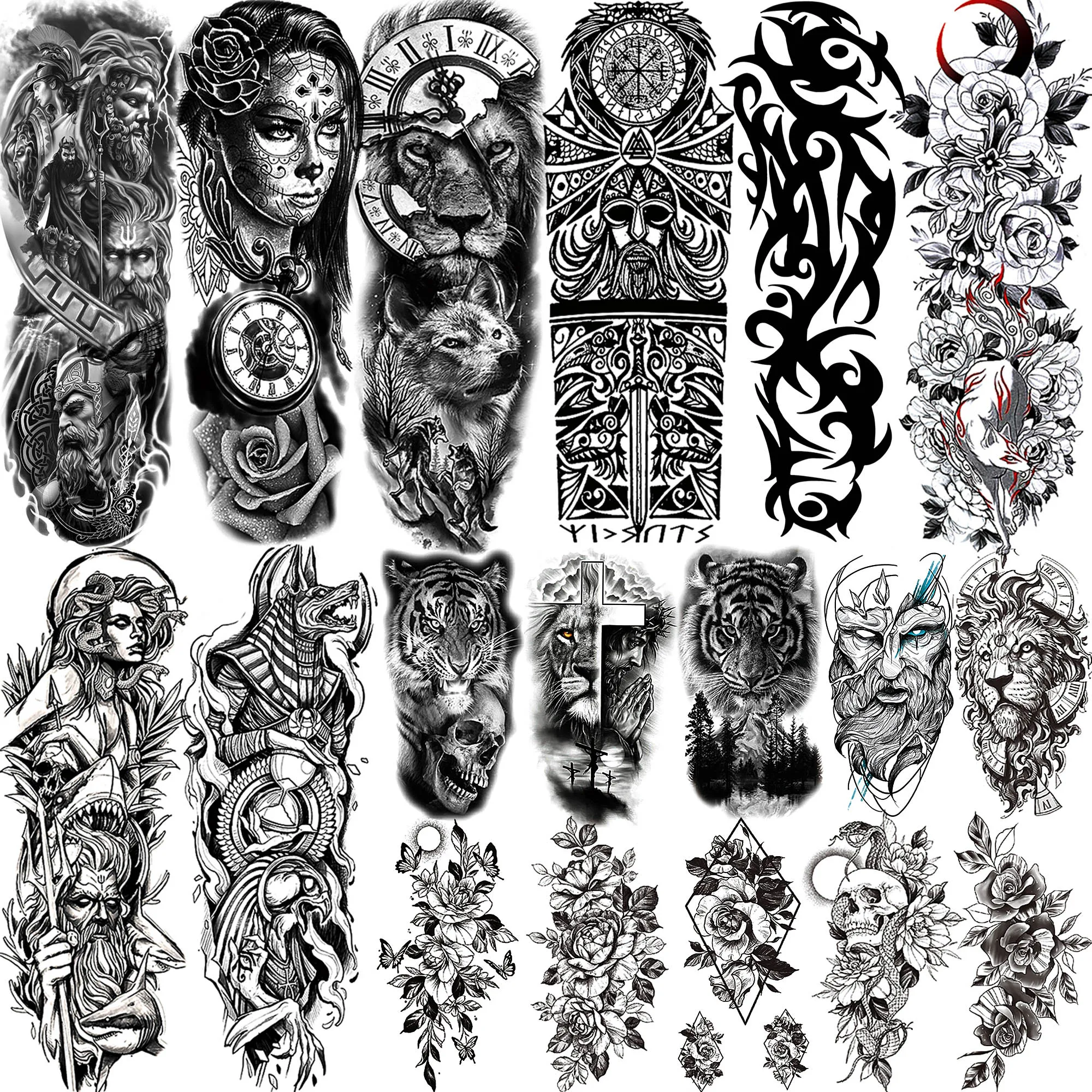 Volledige Arm Tijdelijke Tattoos Mouw voor Mannen Vrouwen Realistische Nep Tatoos Warrior Lion Tiger Flower Tatoo Sticker